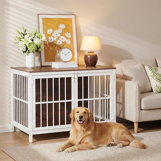 HOOBRO Heavy Duty Dog Crate Furniture, 39.4" Wooden Indoor Kennel with 3 Doors, Chew Resistant Metal Cage for Medium and Large Breeds, Dog Crate Side Table, White and Walnut WH101GW03