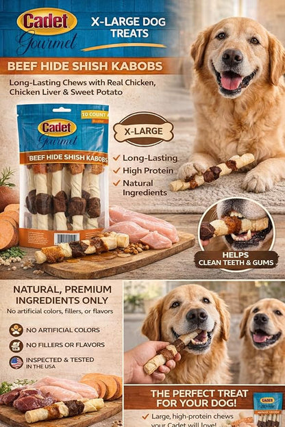 Cadet X-Large Dog Treat, 4-in-1 Beef Hide Shish Kabobs, 10 ct
