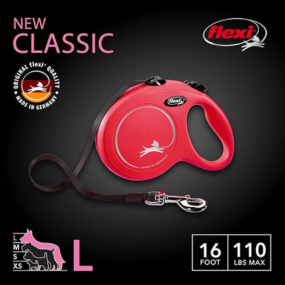 FLEXI New Classic Tape Retractable Dog Leash for Large Dogs Upto 110 lbs. – 16 ft., Red | Tangle Free Pet Walking Leash with One-Handed Brake, Pause, Lock|German Quality Product