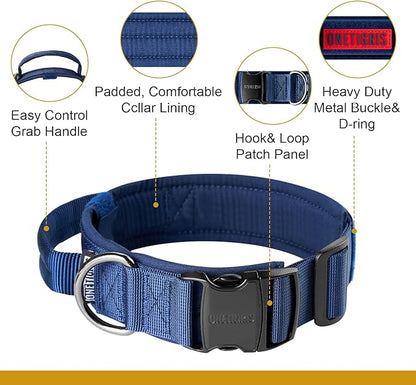 OneTigris Tough Dog Collars, Tactical Dog Collar with Handle, Milltary Adjustable Dog Collar with Heavy Duty Metal Buckle for Training (Blue, S)