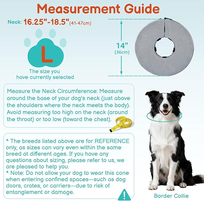 Sponge Dog Cone After Surgery, No Inflation Required Dog Donut Collar to Stop Licking, Inflatable Cone Alternatives for Large Pets, Soft Recovery Collar with Protective Shield (Grey, L)