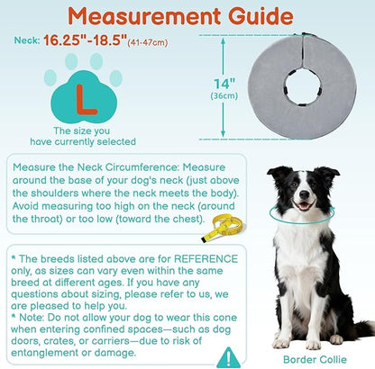 Sponge Dog Cone After Surgery, No Inflation Required Dog Donut Collar to Stop Licking, Inflatable Cone Alternatives for Large Pets, Soft Recovery Collar with Protective Shield (Grey, L)