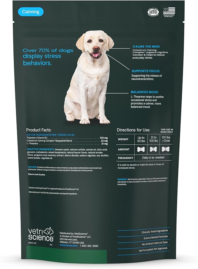 VetriScience Calm & Confident Chews, Composure Clinically Tested Calming and Anxiety Supplement for Dogs, Reduce Stress and Fear, Ideal for Thunderstorms, Fireworks and Travel, Bacon, 120 Count