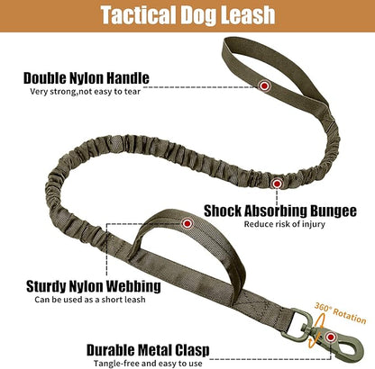 Tactical Dog Collar Leash Set, Adjustable Military Training Nylon Collar Dog Training with Control Handleand Metal Buckle, Dog Collar for Medium Large Dogs (Green,L)