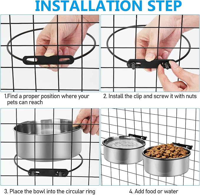 Dog Bowl for Crate, ShineMe 2 Pack 54oz & 34oz Nonslip Rubber Bottom Stainless Steel Food a Water Kennel Bowls Mountable on Cage Dog Hous