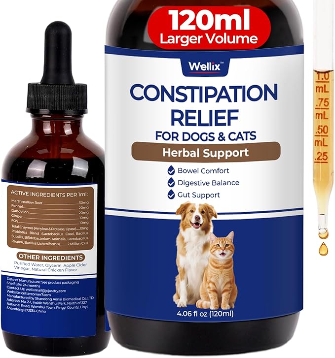 Wellix 4oz Cat & Dog Constipation Relief - Liquid Stool Softener with Dandelion Root, Prebiotics and Probiotics for Cats & Dogs - Natural Laxative for Gas and Tummy Relief - Chicken Flavor