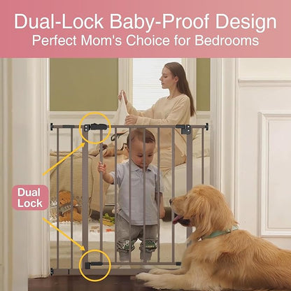 InnoTruth 29.5–40.75" Baby Gate for Stairs, 28" Tall Dog Gates for Doorways & Hallways, Safety Gate for Kids & Pets, Pressure-Mounted Walk-Through with Dual Lock & 2-Way Swing, Brown