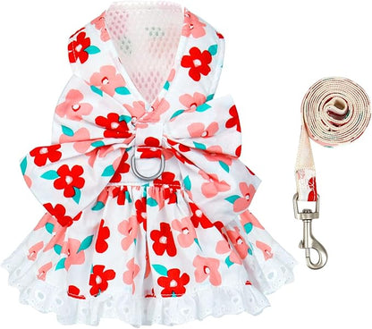 ABRRLO Cute Floral Dog Harness Dress and Leash Set for Small Dogs Cats Girl Puppy Bowknot Princess Birthday Dress Summer Female Pet Small Dog Clothes Lace Doggie Kitten Outfits Apparel(Red,XS)