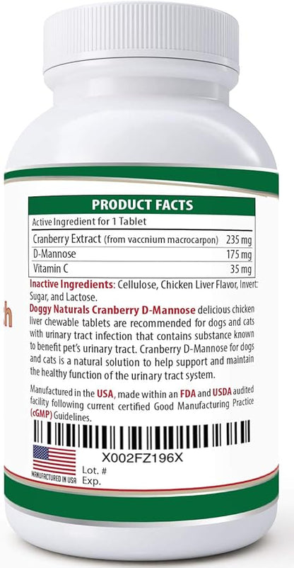 Cranberry D-Mannose for Dogs and Cats Urinary Tract Infection Support Prevents and Eliminates UTI, Bladder Infection Kidney Support, Antioxidant (Double Strength Tablet, 60 Count)