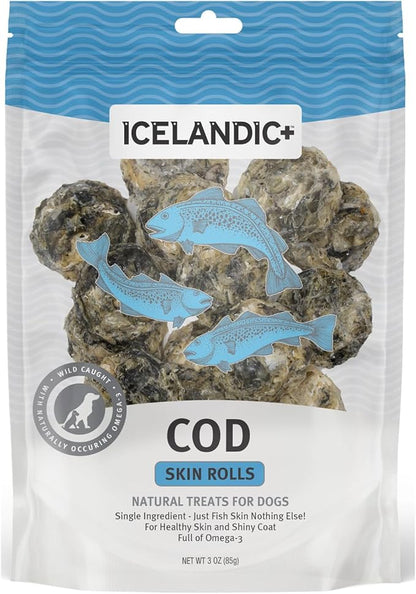 Icelandic+ Skin Rolls: Cod - 3oz Bag,Dog Treats,Pure Wild-Caught Air-Dried Fish,Ingredient Snacks,Pe Chews,Just The Fish Nothing Else,(Pack of 2)