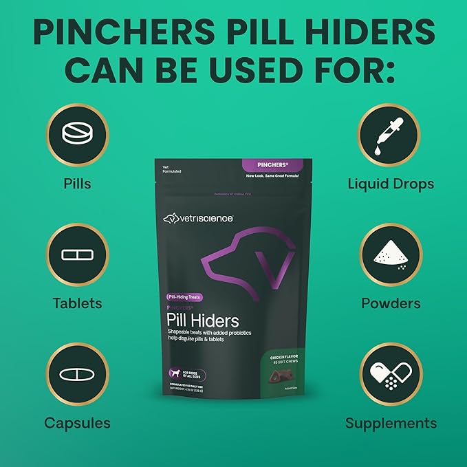VETRISCIENCE Extra Large Pinchers Pill Hiders Chews, Non-Greasy Pill Wrap with Probiotics for Dogs, Disguise Pills, Capsules and Tablets, Soft and Chewy, Gut and Immune Health, Chicken, 2 Pack
