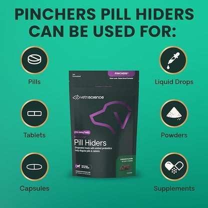 VETRISCIENCE Extra Large Pinchers Pill Hiders Chews, Non-Greasy Pill Wrap with Probiotics for Dogs, Disguise Pills, Capsules and Tablets, Soft and Chewy, Gut and Immune Health, Chicken, 2 Pack