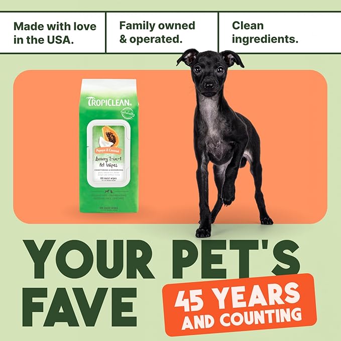 TropiClean Papaya & Coconut Dog Wipes for Paws and Bottom | Deep Cleaning Dog Grooming Wipes | Safe for The Face | Cat Friendly | 400 Count