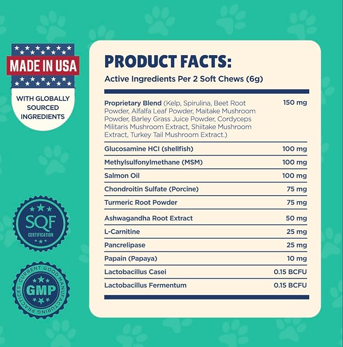 Senior Dog Supplement - Glucosamine, MSM, Turmeric, Salmon Oil, Probiotics & Ashwagandha - Supports Cognitive, Hip & Joint, Digestive, Immune & Heart Health - Dog Dementia Supplement.