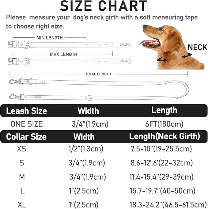 ZALER Dog Collar and Leash Set, Waterproof Adjustable Odor Proof Pet Collars Leashes Easy to Clean, 6FT Dog Leash with 2 Hooks for Large, Medium Small Dogs (L, Black)