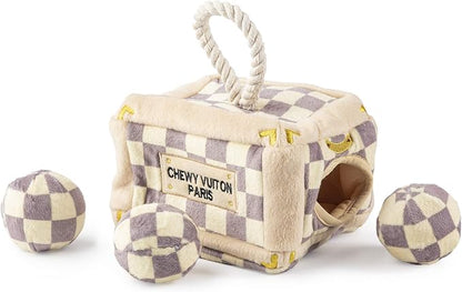 Haute Diggity Dog Chewy Vuiton Trunk Puzzle with 3 Plush Squeaky Dog Toys, Soft Durable Designer-Inspired Stuffed Puppy Chew Toys for Small & Medium Dogs, Machine-Washable (Tan Checker) One Size