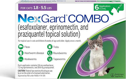 NexGard® Combo (esafoxolaner, eprinomectin, and praziquantel Topical Solution) Flea and Tick Protection Plus Heartworm Disease Preventive for Cats, 1.8-5.5 lbs. (Purple Box) 6 Doses (6 Month Supply)