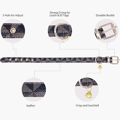 Dog Leather Collar and 4 ft Leash, KUDES Adjustable Basic Collar with Bell Checkered Pattern Durable Leather Collar and Leash with Metal Buckle for Small Medium Large Dogs