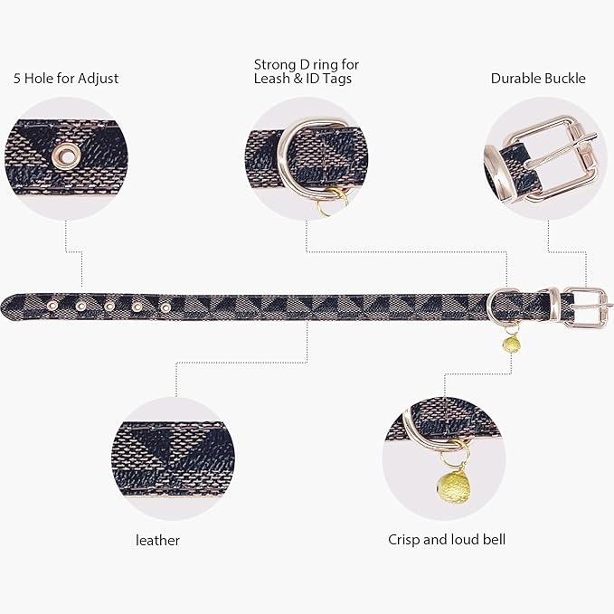 Dog Leather Collar and 4 ft Leash, KUDES Adjustable Basic Collar with Bell Checkered Pattern Durable Leather Collar and Leash with Metal Buckle for Small Medium Large Dogs