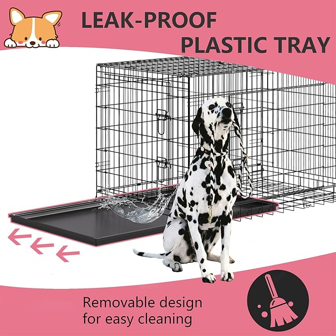 FDW 45 Inch Dog Crate for Large Dogs, Folding Metal Cage with Double Door & Leak-Proof Tray, Black