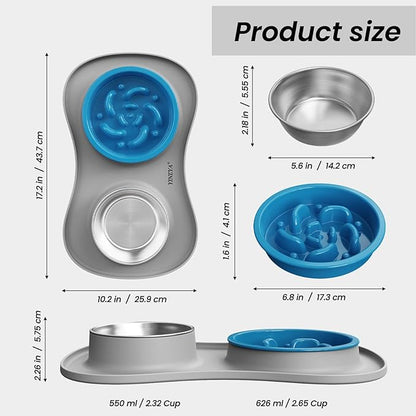 YINEYA Slow Feeder Dog Bowls Stainless Steel Food and Water Bowl Set 3 in 1 No Spill Waterproof Silicone Pet Food Mat Puppy Feeding Station for Large Medium Small Breed Non Slip Metal Dish Tray