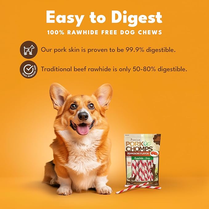 Pork Chomps Baked Pork Skin Dog Chews, 5 Inch Mini Twists, 30 Count - Pepperoni Flavor Wrap - Long-Lasting Treats for Dogs - High Protein, Rawhide-Free, Low Fat, Healthy & Delicious Chews