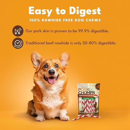 Pork Chomps Baked Pork Skin Dog Chews, 5 Inch Mini Twists, 30 Count - Pepperoni Flavor Wrap - Long-Lasting Treats for Dogs - High Protein, Rawhide-Free, Low Fat, Healthy & Delicious Chews