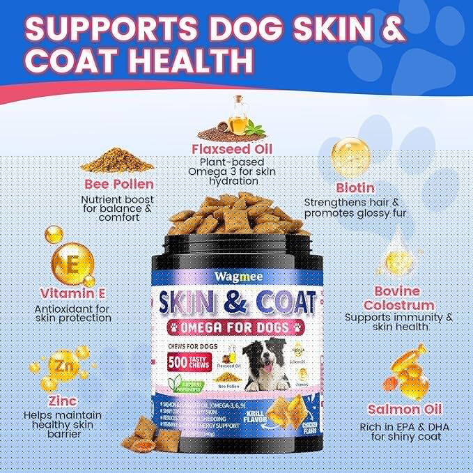 Omega 3 for Dogs, 500 Chews Skin & Coat Supplement for Dog, Salmon Flaxseed Fish Oil for Dogs, Dry & Itchy Skin Relief, Allergy Support Anti Shedding - Vitamin E- EPA & DHA - Chicken Krill Flavor