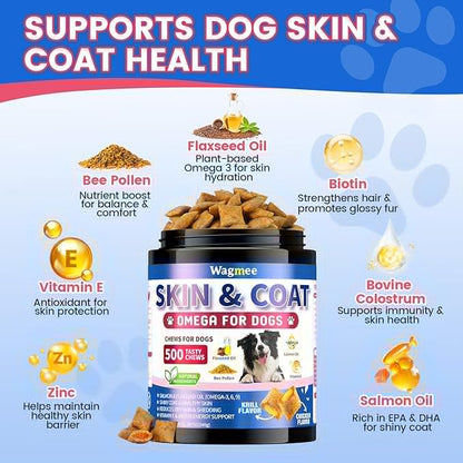 Omega 3 for Dogs, 500 Chews Skin & Coat Supplement for Dog, Salmon Flaxseed Fish Oil for Dogs, Dry & Itchy Skin Relief, Allergy Support Anti Shedding - Vitamin E- EPA & DHA - Chicken Krill Flavor