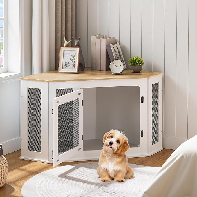 MAHANCRIS Corner Dog Crate Furniture, Wooden Dog Kennel End Table, Decorative Pet Crate Indoor Use, Furniture Style Dog House for Small Medium Dog, Dog Cage TV Stand, White and Natural DCBN0801