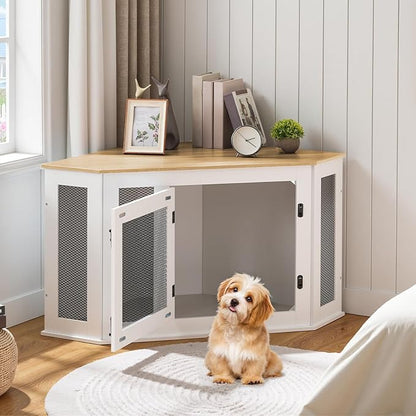 MAHANCRIS Corner Dog Crate Furniture, Wooden Dog Kennel End Table, Decorative Pet Crate Indoor Use, Furniture Style Dog House for Small Medium Dog, Dog Cage TV Stand, White and Natural DCBN0801