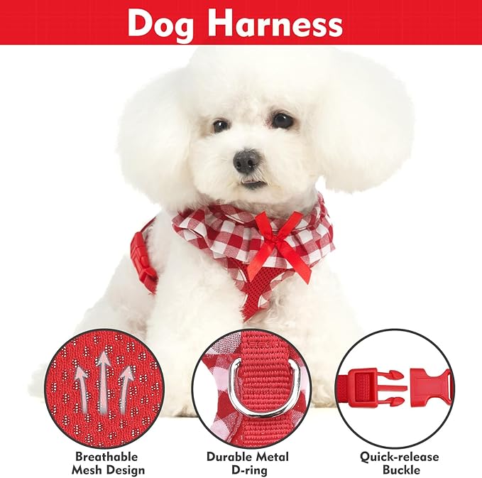 EXPAWLORER Cute Dog Harness Collar Leash Set - Red Girl Dog Harness Checkered Step-in Design, Detachable Bow Pet Collar, Adjustable No-Choke Lightweight Mesh Vest for Cats Puppy Small Dogs, XS