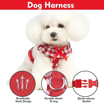 EXPAWLORER Cute Dog Harness Collar Leash Set - Red Girl Dog Harness Checkered Step-in Design, Detachable Bow Pet Collar, Adjustable No-Choke Lightweight Mesh Vest for Cats Puppy Small Dogs, XS