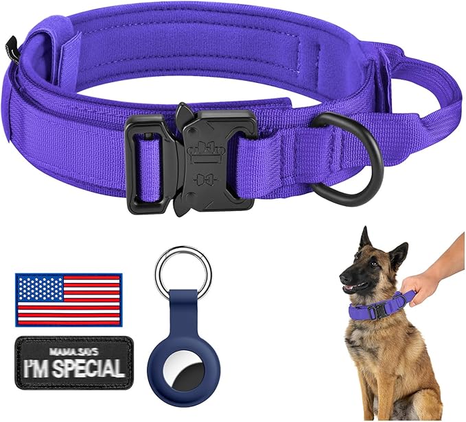 DAGANXI Tactical Dog Collar, Adjustable Military Training Nylon Dog Collar with Control Handle and Heavy Metal Buckle for Medium and Large Dogs, with Patches and Airtags Case (Purple, L)