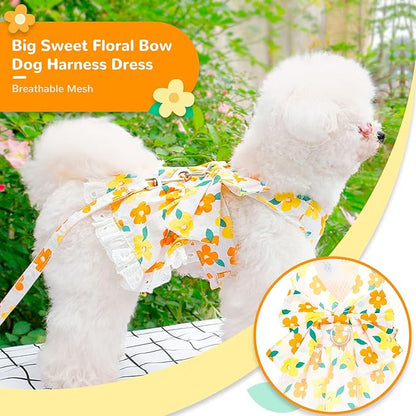 ABRRLO Dog Harness Dress Leash Set for Small Dog Summer Clothes Girl Female Puppy Cats Outfits Cute Floral Bowknot Princess Birthday Dress for Extra Small Pet Doggie Kitten Outfits Apparel(Yellow,S)