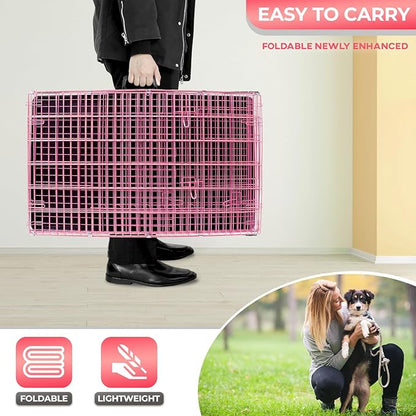 FDW Dog Crate for Medium Dogs 30 Inch Folding Metal WirePet Cage Double Door W/Divider Panel Indoor Outdoor Kennel Leak-Proof Plastic Tray,Pink