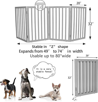 ZJSF Freestanding Indoor Dog Gate for House Foldable Wood Grey Puppy Gate for Doorways Pet Gate for Stairs Extra Wide Pet Fence 32" Height 4 Panels