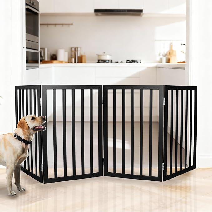 ZJSF Freestanding Indoor Dog Gate for House Foldable Wood Black Puppy Gate for Doorways Pet Gate for Stairs Extra Wide Pet Fence 32" Height 4 Panels
