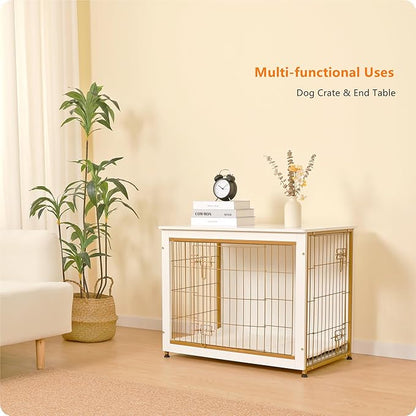 DWANTON Dog Crate Furniture with Cushion, Wooden Kennel Table with Double Doors, Indoor Dog House, Medium Size, 32.5" L, White