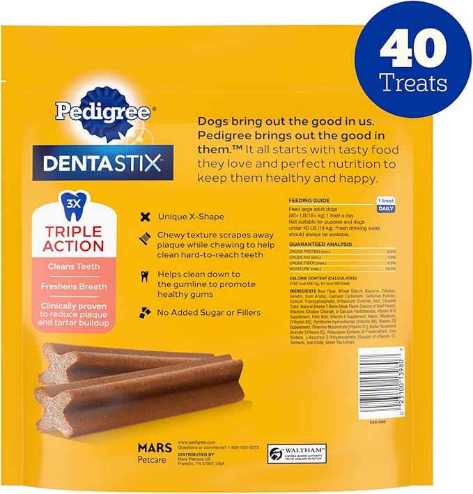 Pedigree Dentastix Dog Dental Treats, Large Breed Dog Treats, Beef Flavor, 2.08 lb. Bag (40 Treats Total)
