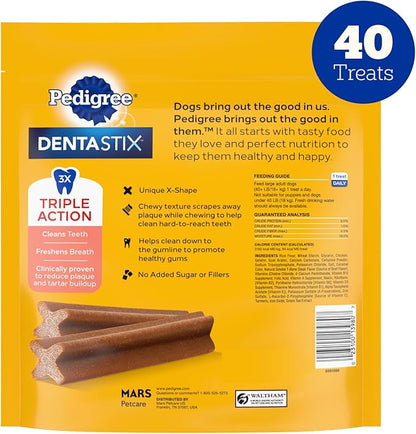 Pedigree Dentastix Dog Dental Treats, Large Breed Dog Treats, Beef Flavor, 2.08 lb. Bag (40 Treats Total)