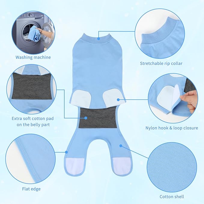 2 Packs Breathable Cotton Dog Recovery Suit for After Neuter Spay Abdominal Wounds Protector, Professional Anti-Licking Onesies for Male Female Pets Surgery Bandages, XL Black Blue Pure