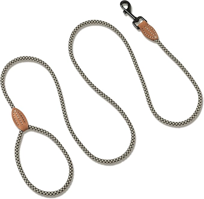 Mile High Life Small Dog Leash, Thin Rope Leash with Genuine Leather Connection and Heavy Duty Metal Clasp, Great for Small Medium Dogs(Black Khaki,72 Inch-1/3)