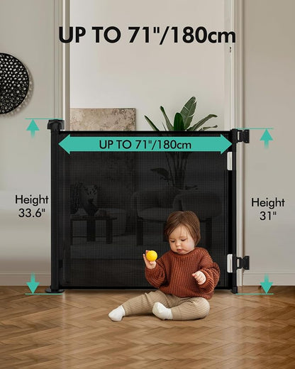 Retractable Baby Gates, Mesh Dog Gate for Doorways, 33.6" Tall, Expands to 71" Wide,Pet Safety Essential Fit for Baseboards, Wide Toddlers Gates for Hallways, Indoor & Outdoor,Black