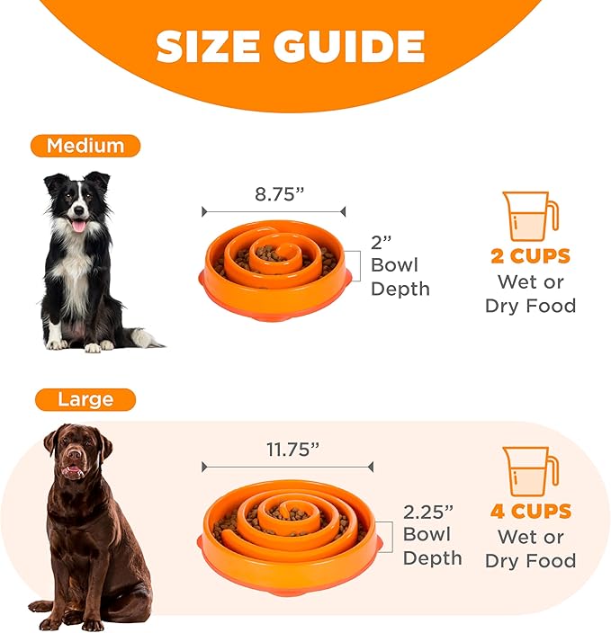 Outward Hound Fun Feeder Slo Bowl – Large 4‑Cup Capacity, Slow Feeding, Medium to Large Dogs, Non‑Slip, Orange, Swirl Pattern