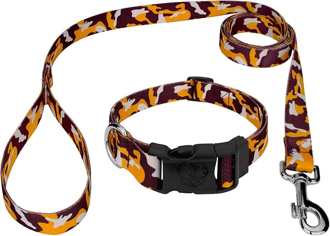 Country Brook Petz - Deluxe Burgundy and Gold Camo Dog Collar and Leash Limited Edition - Sports and Athletics Collection Featuring Spirited Designs (1/2 Inch, Extra Small)