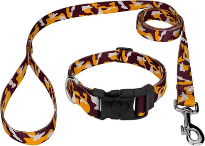 Country Brook Petz - Deluxe Burgundy and Gold Camo Dog Collar and Leash Limited Edition - Sports and Athletics Collection Featuring Spirited Designs (1/2 Inch, Extra Small)