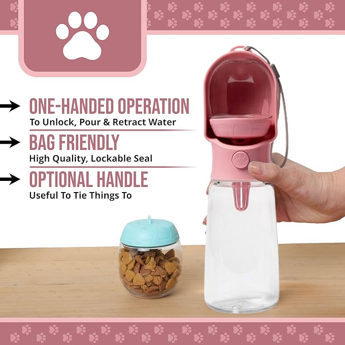 Leak Proof Portable Dog Water Bottle with Bowl – Travel Pet Water Dispenser for Walking & Hiking – Food Grade Plastic – Choose from 3 Colors (Pink, 500 ml)