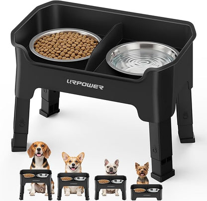 URPOWER Mess Proof Elevated Dog Bowls, High Wall Splash Guard Design, 4 Height Adjustable Raised Bowl Stand, 2 Stainless Steel Bowls, Non-Slip Food Water Set for Small Medium Large Dogs