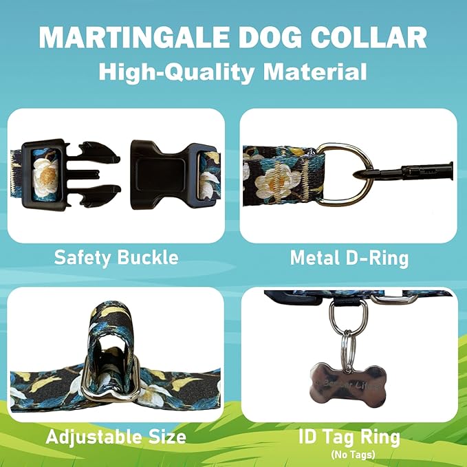 Martingale Collar for Dogs Floral Dog Collars for Small Medium Large Dogs with Buckle Adjustable Soft Nylon Dog Collar (Luxury Golden Flowers, Large)